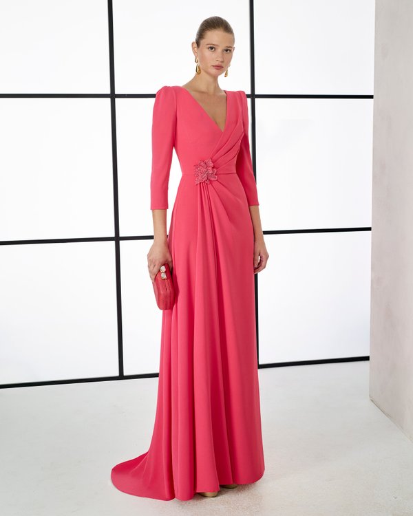 Rochie lunga din voal coral cu maneci